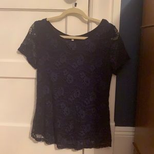 Leo & Nicole Short Sleeve Blouse Navy Blue Lace Overlay